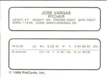 1986 ProCards Osceola Astros #NNO Jose Vargas Back