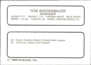 1986 ProCards Osceola Astros #NNO Tom Wiedenbauer Back