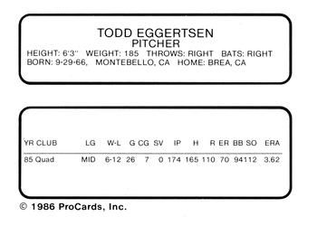 1986 ProCards Palm Springs Angels #12 Todd Eggertsen Back