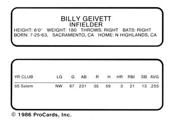 1986 ProCards Palm Springs Angels #15 Billy Geivett Back