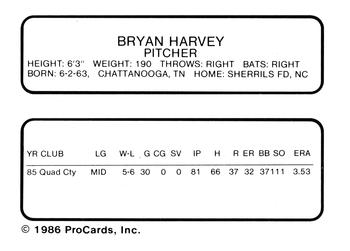 1986 ProCards Palm Springs Angels #16 Bryan Harvey Back