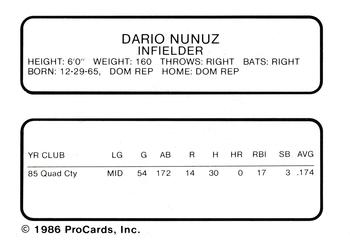 1986 ProCards Palm Springs Angels #24 Dario Nunez Back