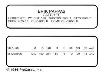 1986 ProCards Palm Springs Angels #25 Erik Pappas Back