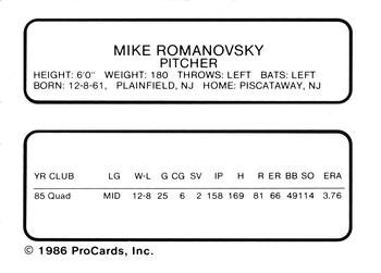 1986 ProCards Palm Springs Angels #28 Mike Romanovsky Back