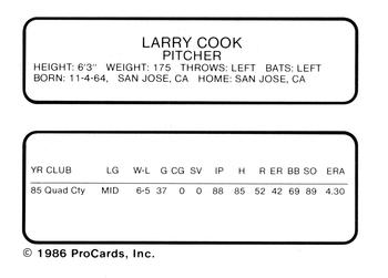 1986 ProCards Palm Springs Angels #8 Larry Cook Back