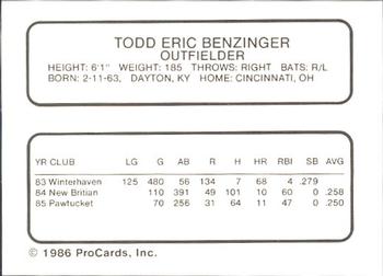 1986 ProCards Pawtucket Red Sox #NNO Todd Benzinger Back