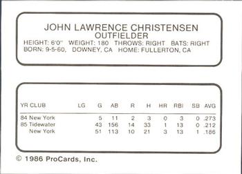 1986 ProCards Pawtucket Red Sox #NNO John Christensen Back