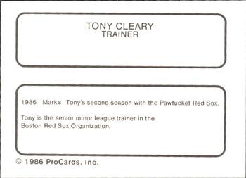 1986 ProCards Pawtucket Red Sox #NNO Tony Cleary Back