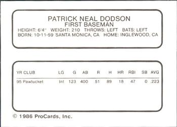 1986 ProCards Pawtucket Red Sox #NNO Pat Dodson Back
