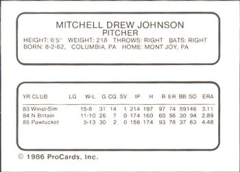 1986 ProCards Pawtucket Red Sox #NNO Mitch Johnson Back