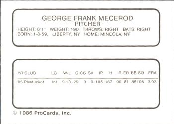 1986 ProCards Pawtucket Red Sox #NNO George Mecerod Back