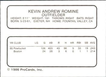 1986 ProCards Pawtucket Red Sox #NNO Kevin Romine Back