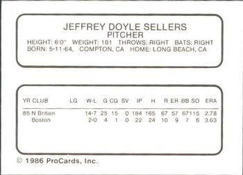 1986 ProCards Pawtucket Red Sox #NNO Jeff Sellers Back