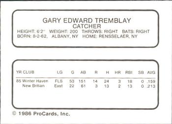 1986 ProCards Pawtucket Red Sox #NNO Gary Tremblay Back