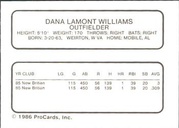 1986 ProCards Pawtucket Red Sox #NNO Dana Williams Back