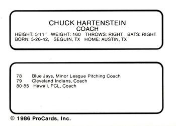 1986 ProCards Peninsula White Sox #11 Chuck Hartenstein Back