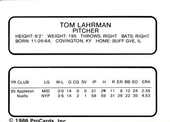 1986 ProCards Peninsula White Sox #15 Tom Lahrman Back