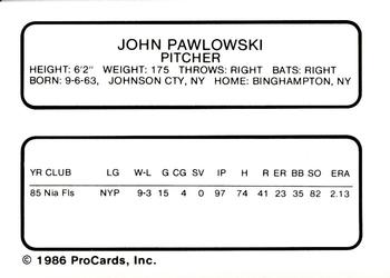 1986 ProCards Peninsula White Sox #19 John Pawlowski Back