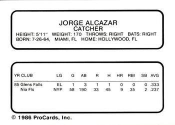 1986 ProCards Peninsula White Sox #1 Jorge Alcazar Back