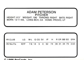 1986 ProCards Peninsula White Sox #20 Adam Peterson Back