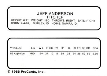 1986 ProCards Peninsula White Sox #3 Jeff Anderson Back