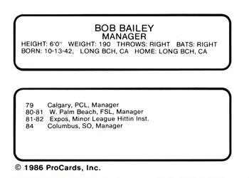 1986 ProCards Peninsula White Sox #4 Bob Bailey Back