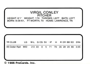 1986 ProCards Peninsula White Sox #6 Virgil Conley Back