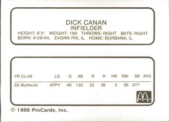 1986 ProCards Peoria Chiefs #NNO Dick Canan Back