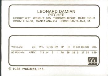 1986 ProCards Peoria Chiefs #NNO Leonard Damian Back