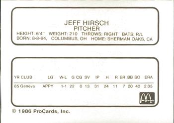 1986 ProCards Peoria Chiefs #NNO Jeff Hirsch Back