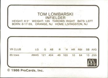 1986 ProCards Peoria Chiefs #NNO Tom Lombarski Back