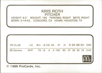 1986 ProCards Peoria Chiefs #NNO Kris Roth Back