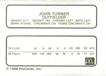 1986 ProCards Peoria Chiefs #NNO John Turner Back
