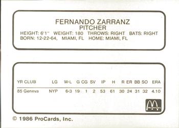 1986 ProCards Peoria Chiefs #NNO Fernando Zarranz Back