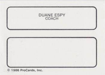 1986 ProCards Phoenix Firebirds #NNO Duane Espy Back