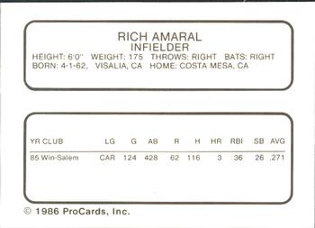 1986 ProCards Pittsfield Cubs #1 Rich Amaral Back