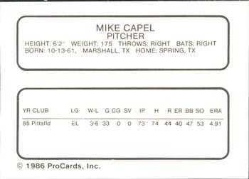 1986 ProCards Pittsfield Cubs #3 Mike Capel Back