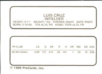 1986 ProCards Pittsfield Cubs #5 Luis Cruz Back