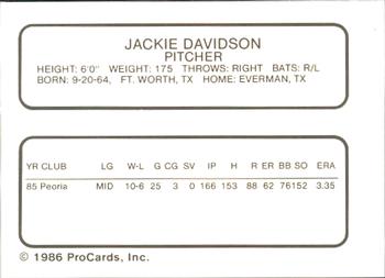 1986 ProCards Pittsfield Cubs #6 Jackie Davidson Back