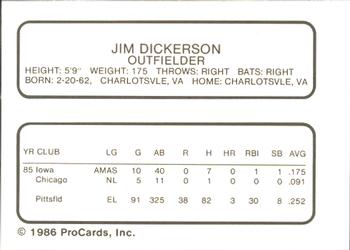 1986 ProCards Pittsfield Cubs #7 Jim Dickerson Back