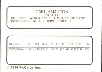 1986 ProCards Pittsfield Cubs #9 Carl Hamilton Back