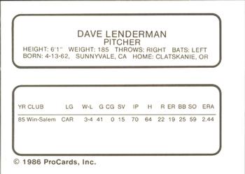 1986 ProCards Pittsfield Cubs #13 Dave Lenderman Back