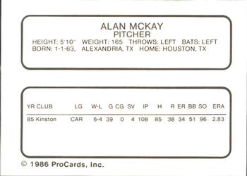 1986 ProCards Pittsfield Cubs #16 Alan McKay Back