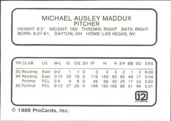 1986 ProCards Portland Beavers #NNO Mike Maddux Back