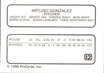 1986 ProCards Portland Beavers #NNO Arturo Gonzalez Back