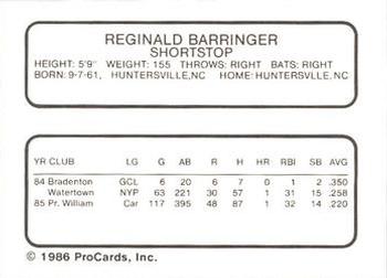 1986 ProCards Prince William Pirates #1 Reggie Barringer Back