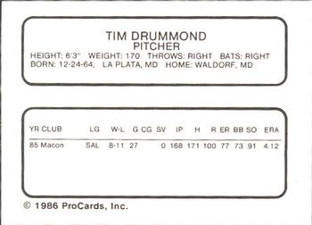 1986 ProCards Prince William Pirates #9 Tim Drummond Back