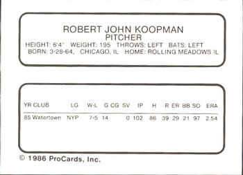 1986 ProCards Prince William Pirates #14 Bob Koopmann Back
