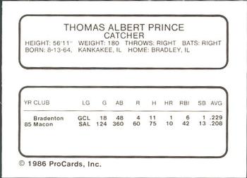 1986 ProCards Prince William Pirates #20 Tom Prince Back