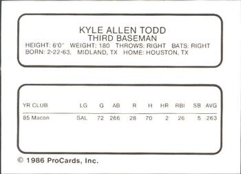 1986 ProCards Prince William Pirates #27 Kyle Todd Back